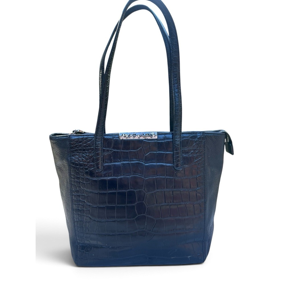 Brighton Black Croc Embossed Leather Tote Shoulder Bag Silver Scroll F238620